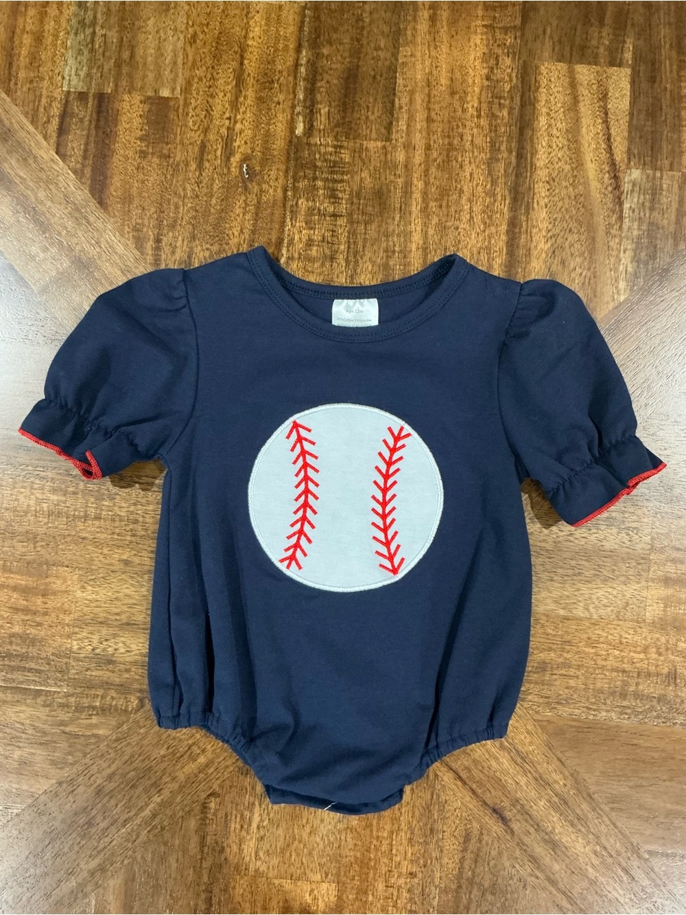 12 Months Navy Baseball Appliqué Puff-Sleeve Baby Bubble